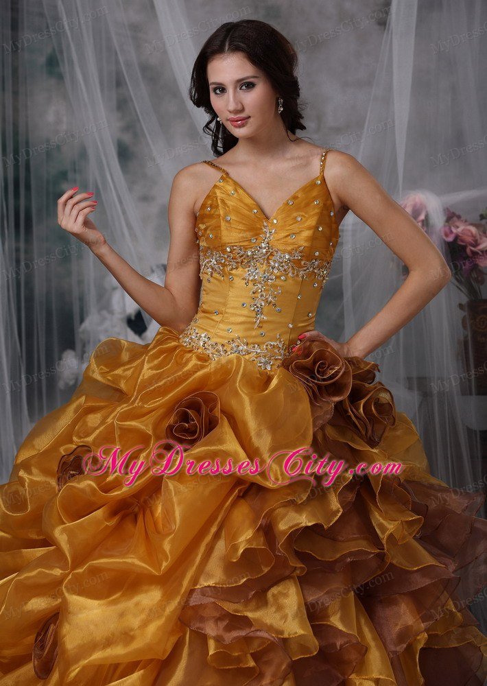 Ball Gown Spaghetti Straps Organza Beading Sweet 15 Dress